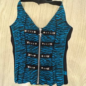 Vintage TRIPP NYC Hot Topic Blue Black Zebra Zippered Corset Skulls Daggers